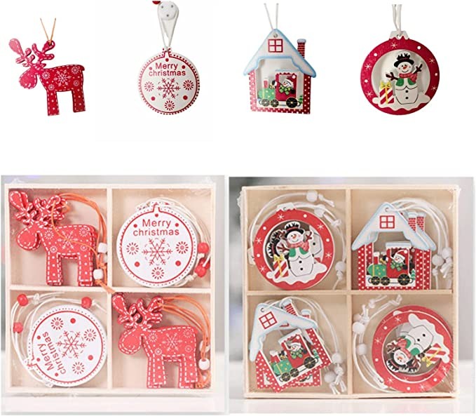 NALLY 24-Piece Set of Christmas Decorations, Wooden Christmas Small Pendants, Christmas Tree Decorations, Small Pendants, Gifts, Exquisite Wooden Boxes, Painted Pendants, Red White