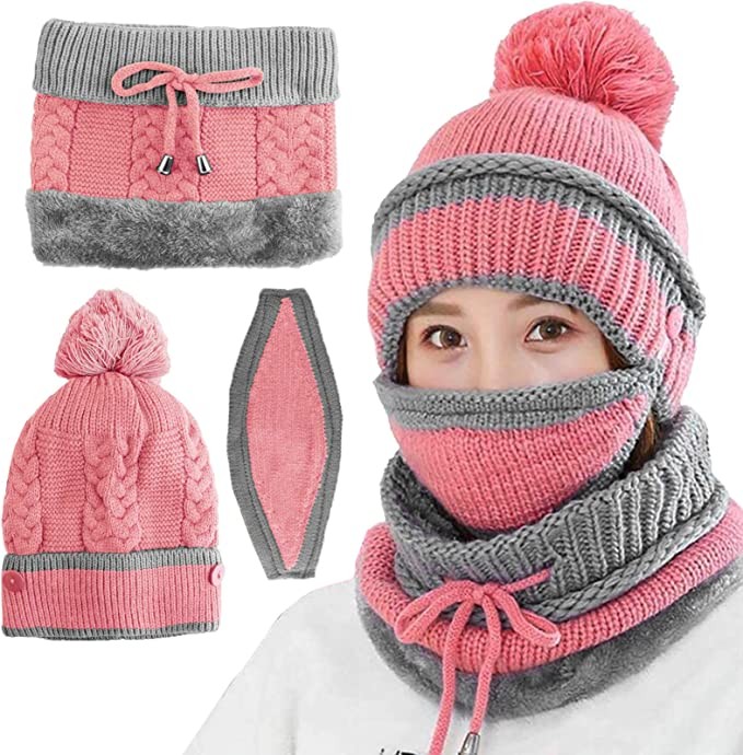 Women's Beanie Hat and Scarf Set, Pink Knit Winter Swing Hat Scarf with Windproof Mask, Thick Warm Girls Women's Hat Collar Warm Set, Perfect for Christmas Birthday Gifts, Pink, One Size